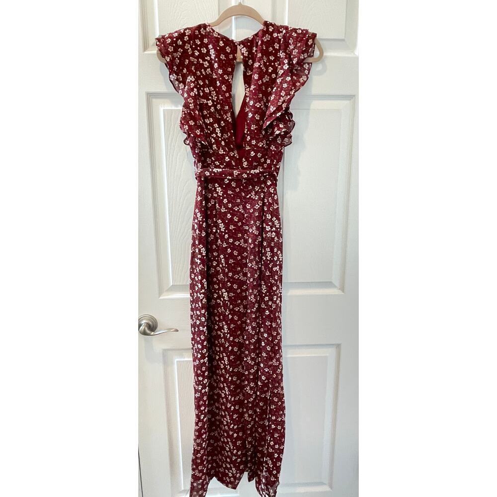 Love at First Sight Chiffon Floral Burgundy Maxi Dress Sz S #5